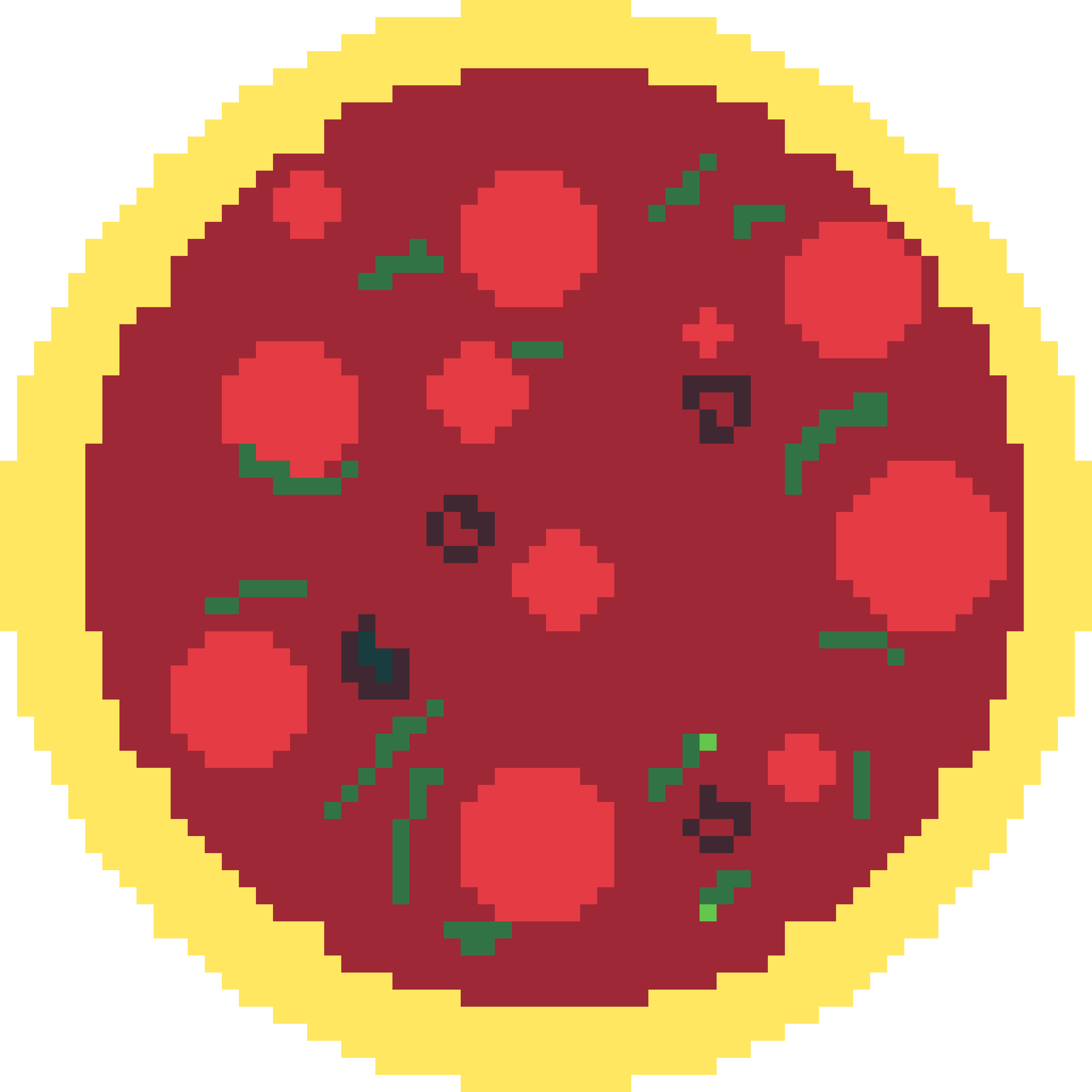 Rond draaiende pizza. De pizza ziet er pixelart achtig uit, heeft tomaten saus en plakjes tomaat en zwarten olijven op de pizza, Met groene blaadjes voor de gezondheid.